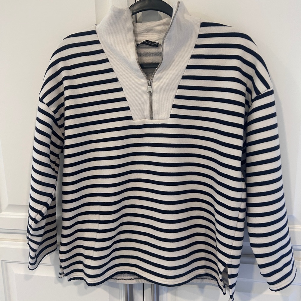 Zara Navy and White Striped Zip Pullover